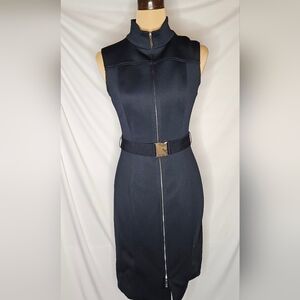 Tommy Hilfiger Navy Full Zip Sleeveless Belted Scuba Sheath Dress